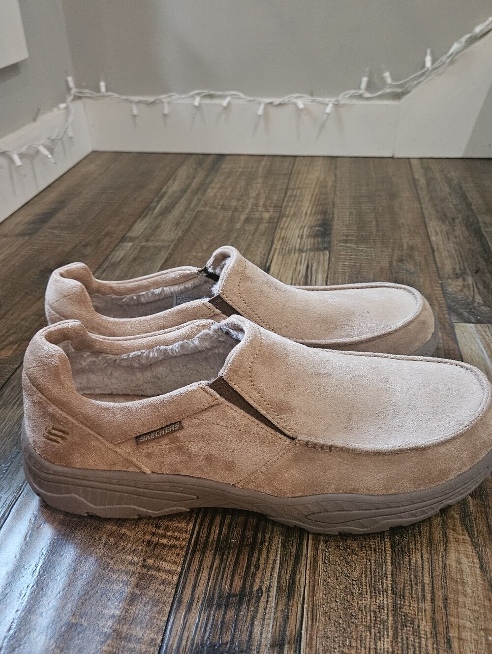 Skechers Men’s Slip-On Suede Loafers With Faux Fur Lining— Light Tan